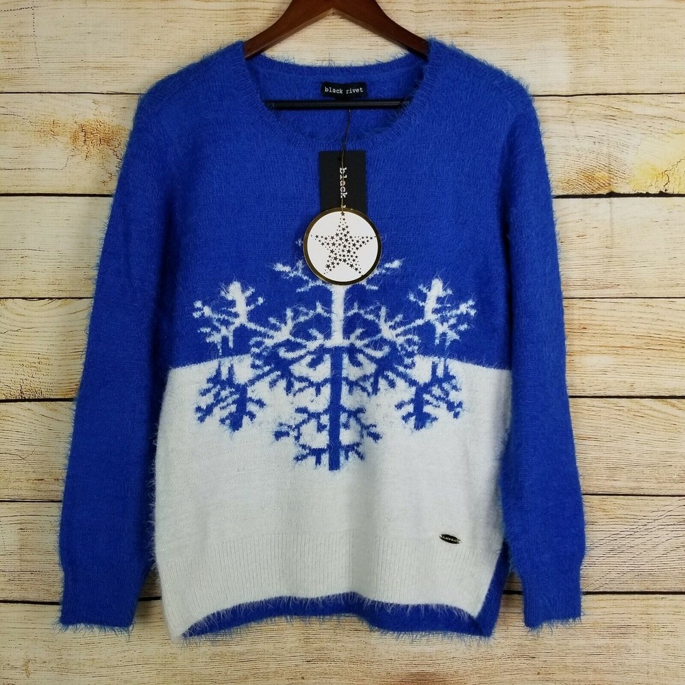 Black Rivet Sweater Womens Size S Blue and White Fuzzy Snowflake Crewneck New